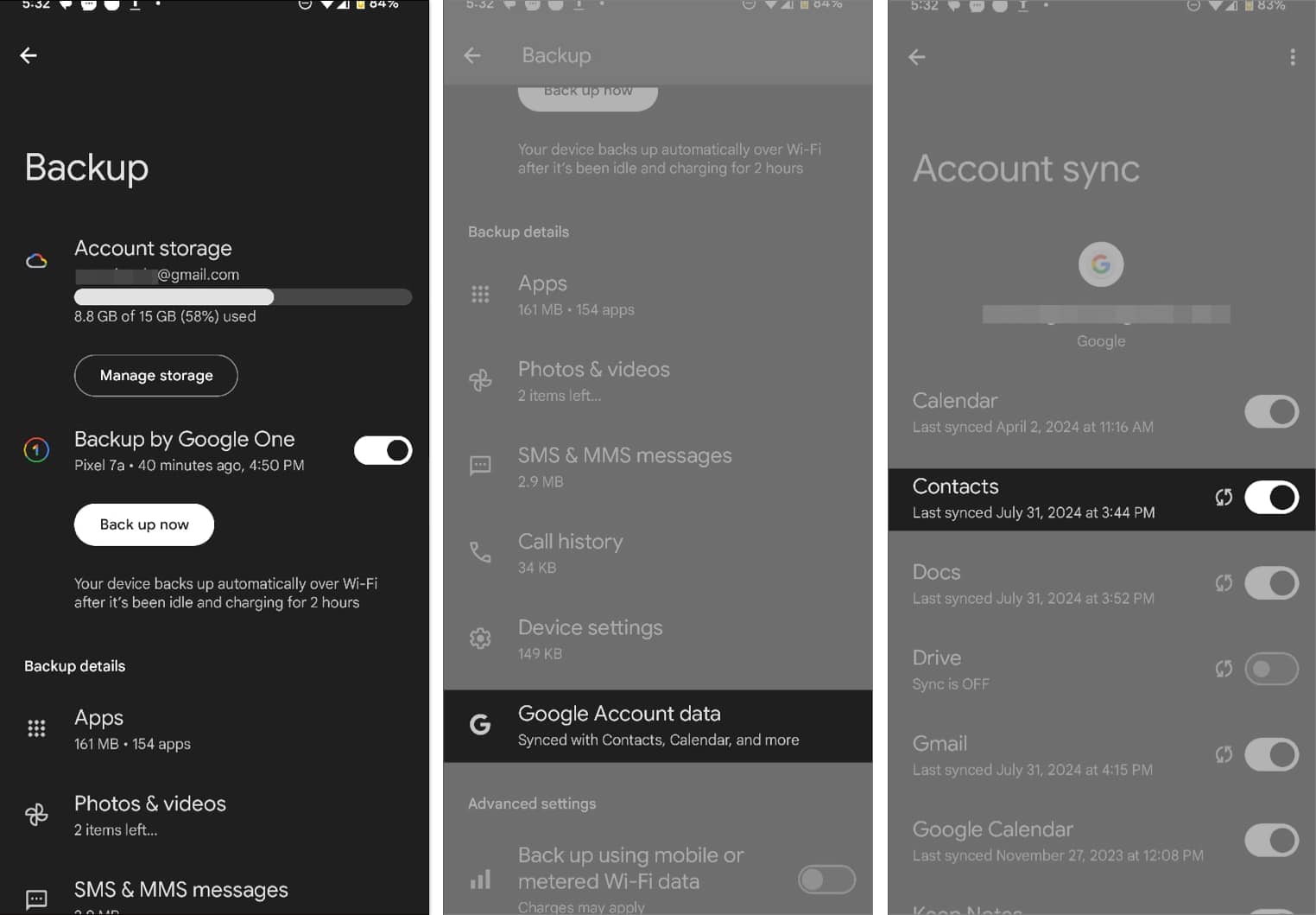 Toggling on the Contacts option to back up on a Google account on an Android phone.