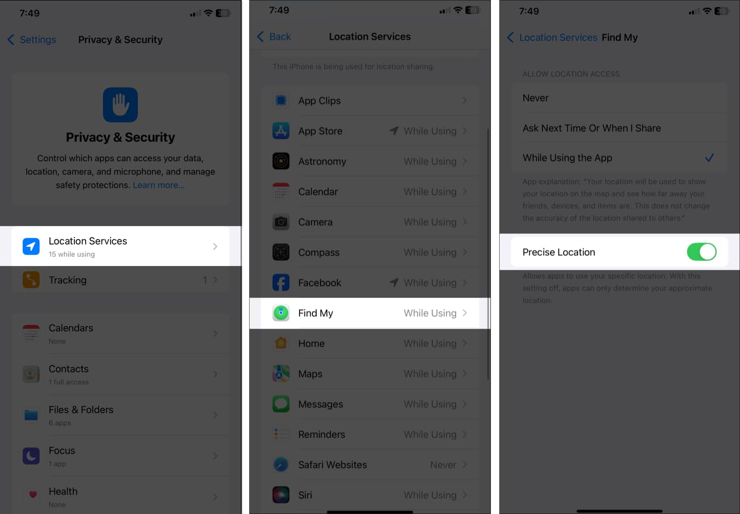Toggled on Precise Location option for Find My in Location Services settings on an iPhone.