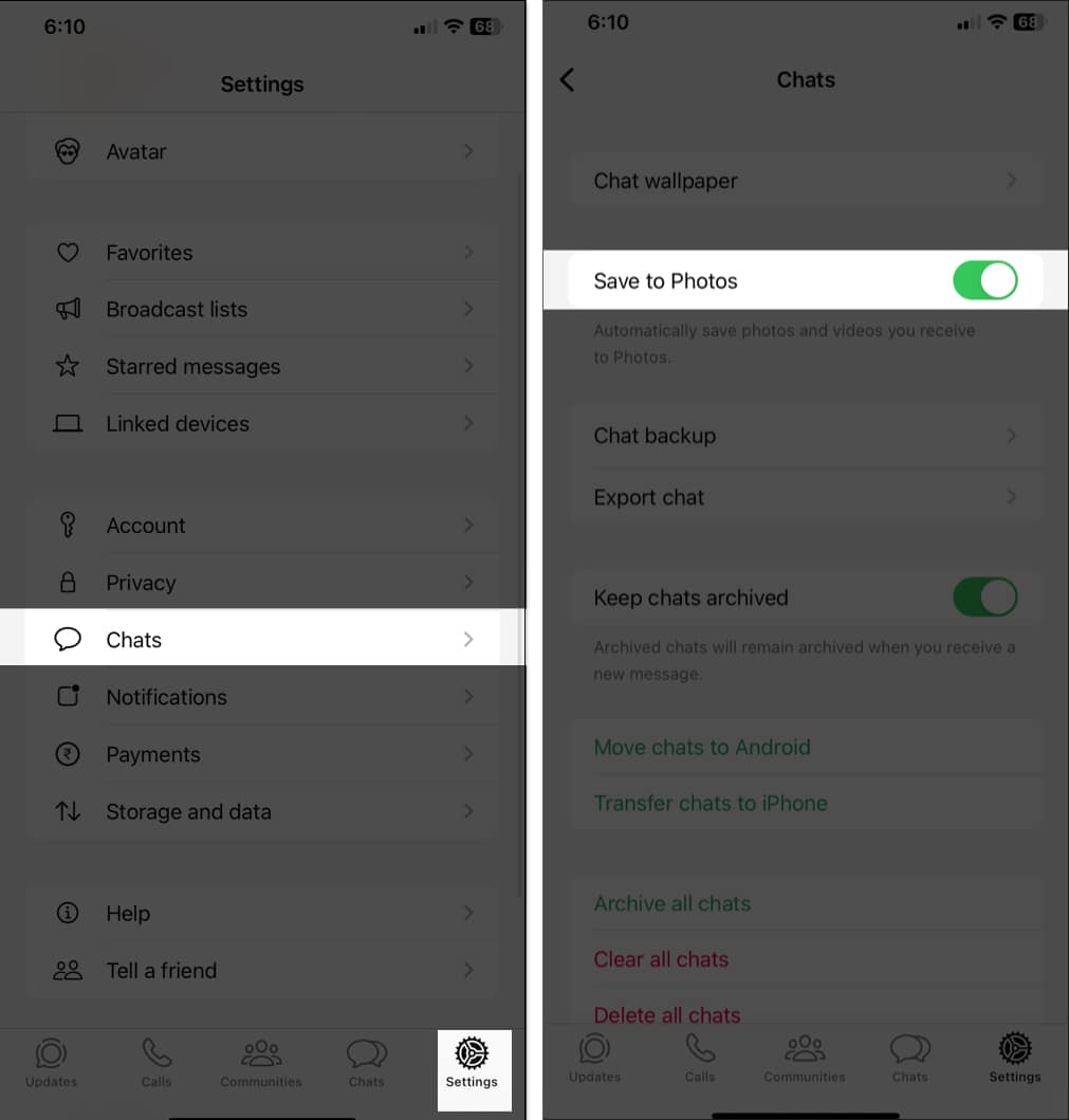Save to Photos option toggled on under Chats settings in the iOS WhatsApp app.