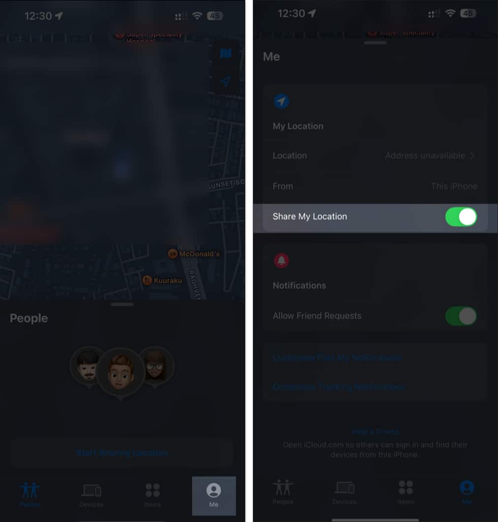 Share My Location toggle in the Find My app on an iPhone.