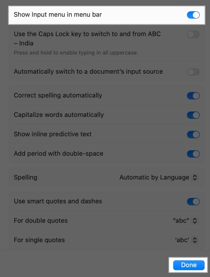 Enabling Show Input Menu in Menu Bar option on a Mac.