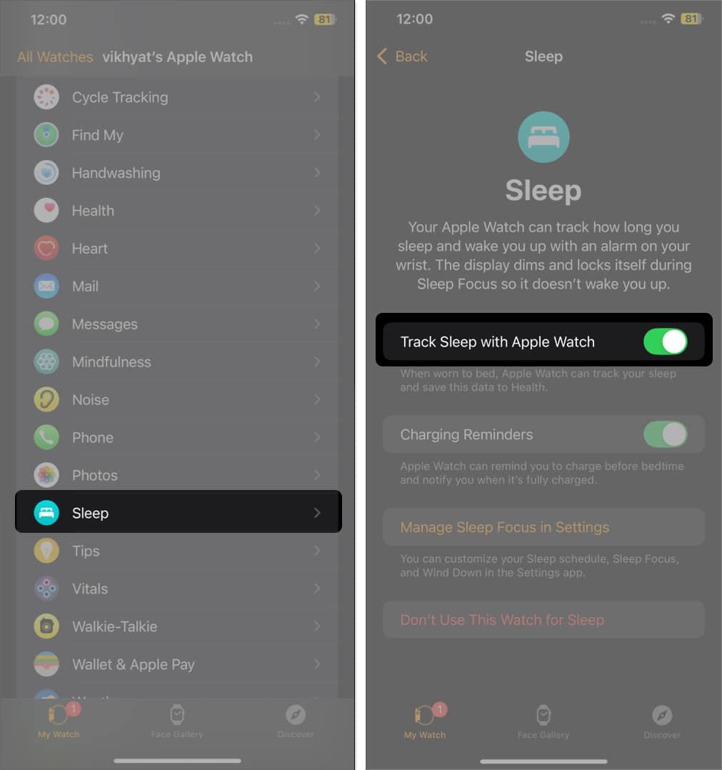 Toggling on the Track Sleep with Apple Watch feature in the Watch app.