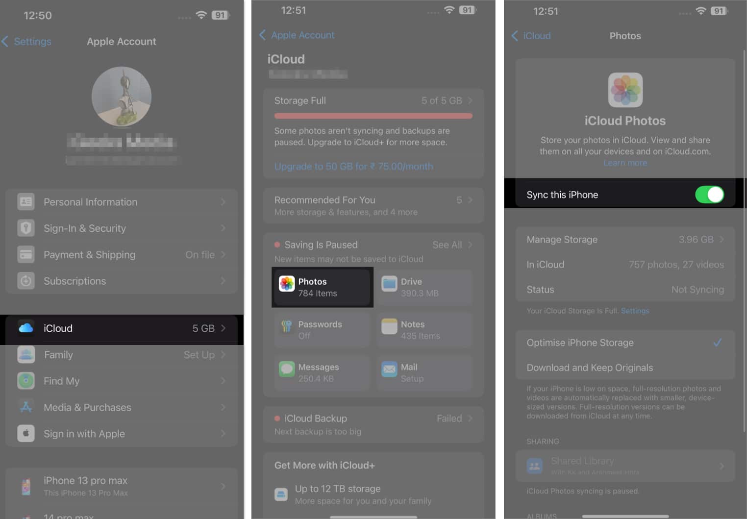 Sync this iPhone option for Photos under iCloud settings on an iPhone.