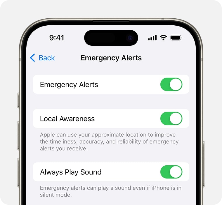 Emergency Alerts notification options.
