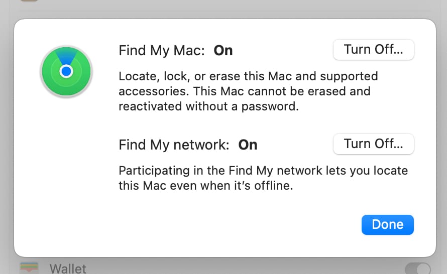 Turn Off button to disable Find My network.