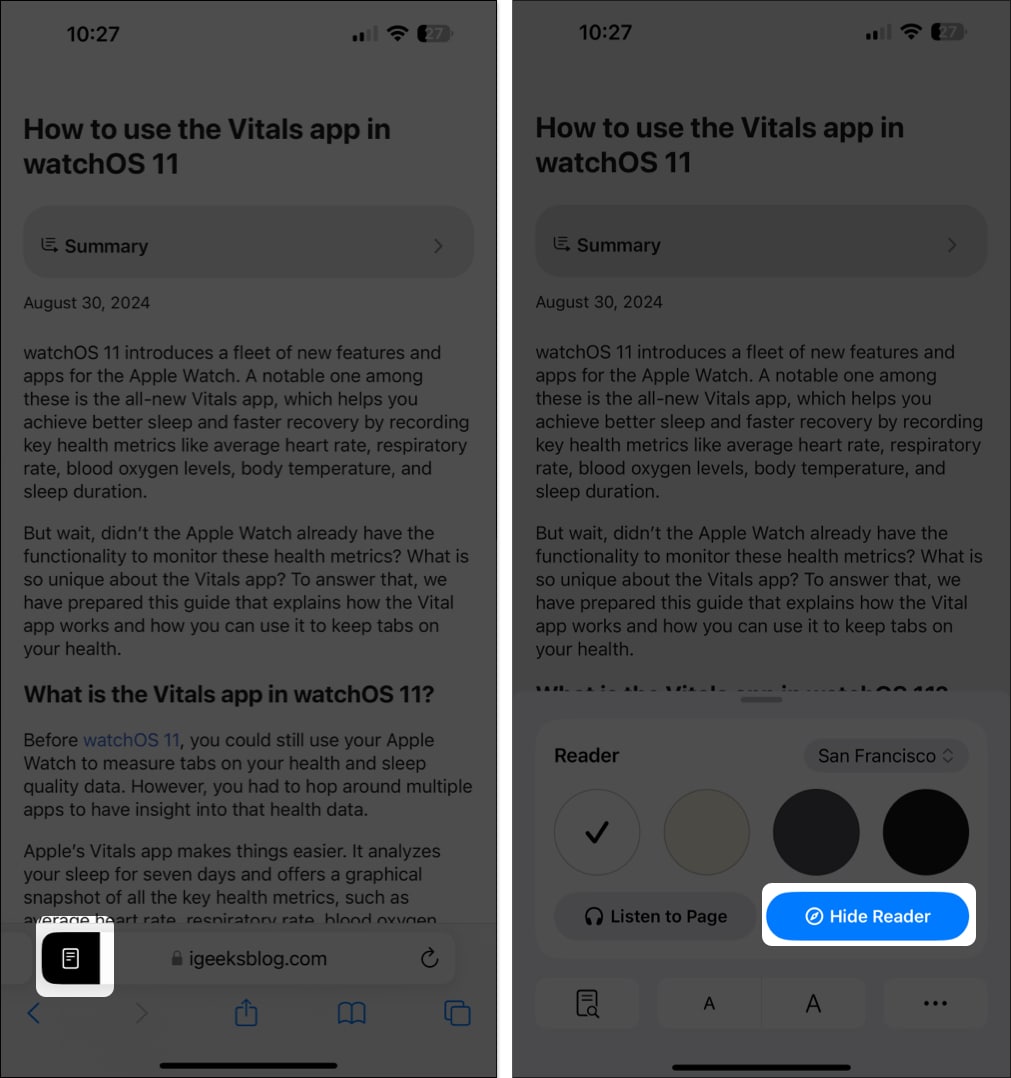 Hide Reader button to exit reader view in Safari on an iPhone.
