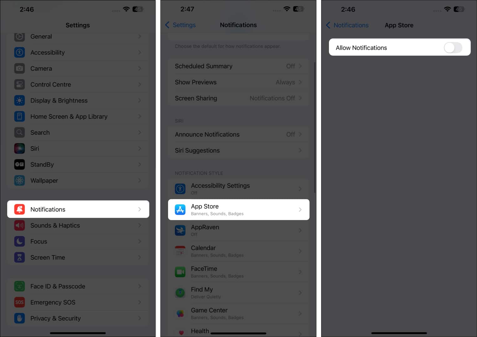 Toggled off Allow Notifications option for the App Store app on an iPhone.