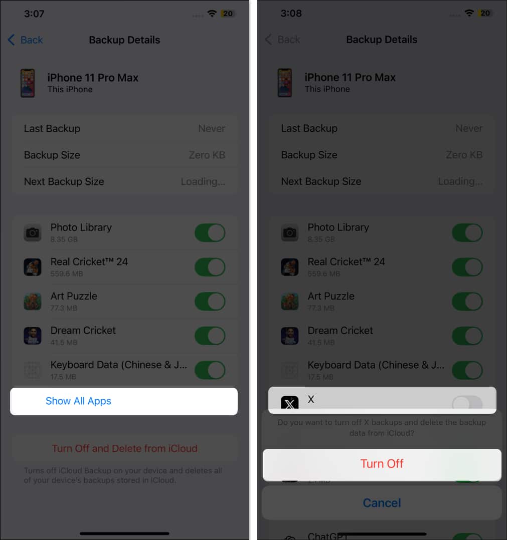 Turning off iCloud backup for an app on an iPhone.