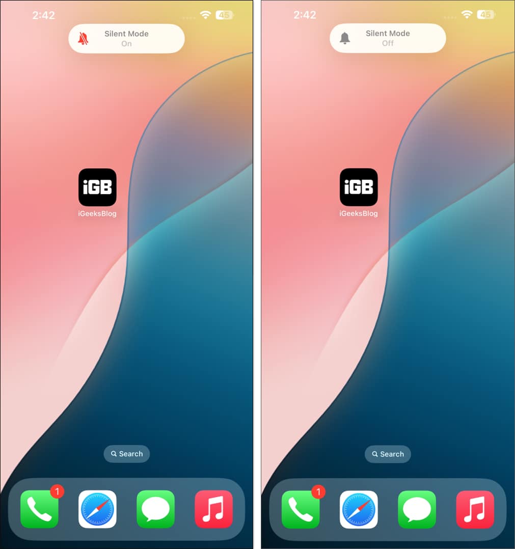 iOS Silent Mode notification on an iPhone.