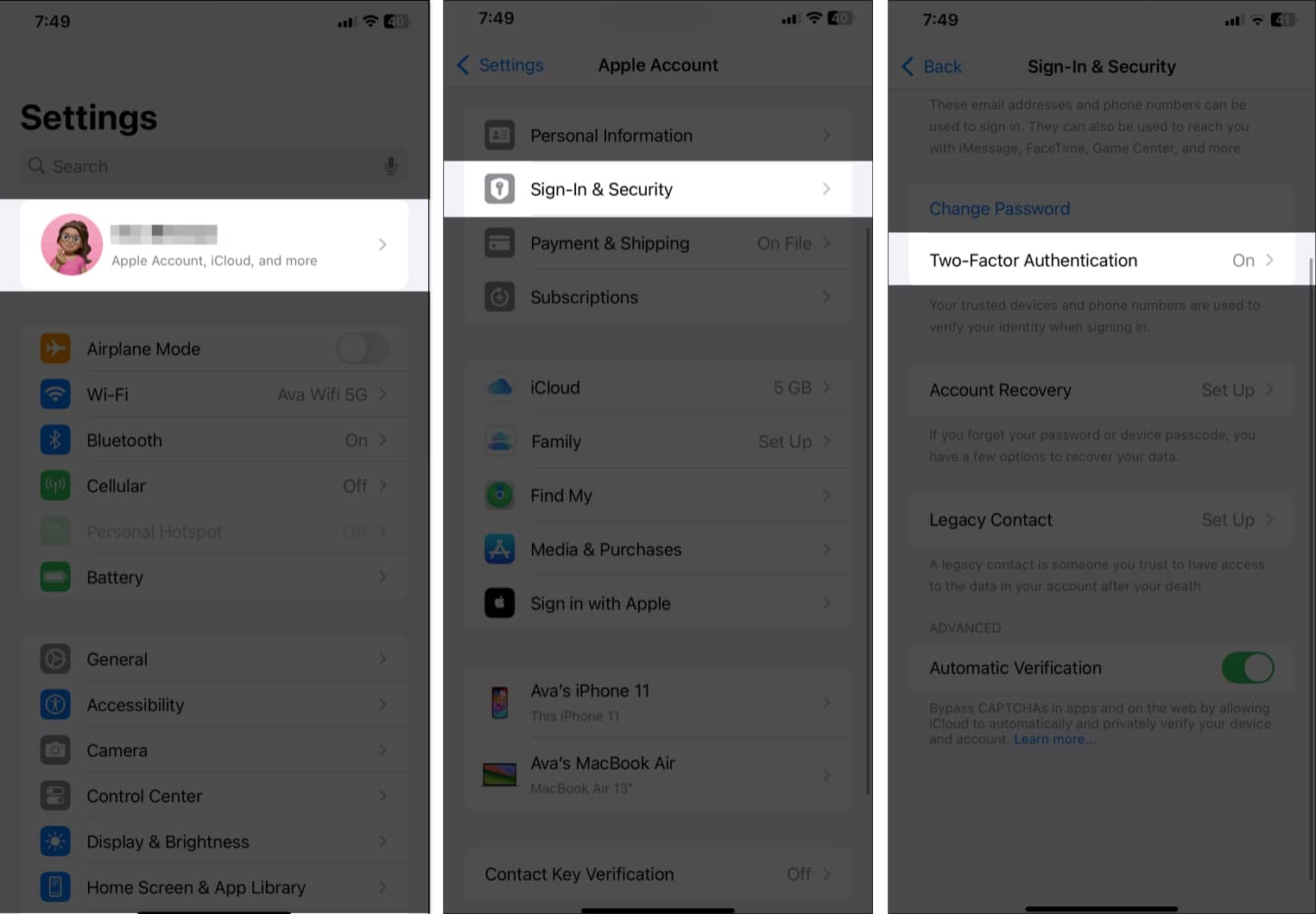 Turning on the Two-Factor Authentication option under Sign in & Security settings on an iPhone.