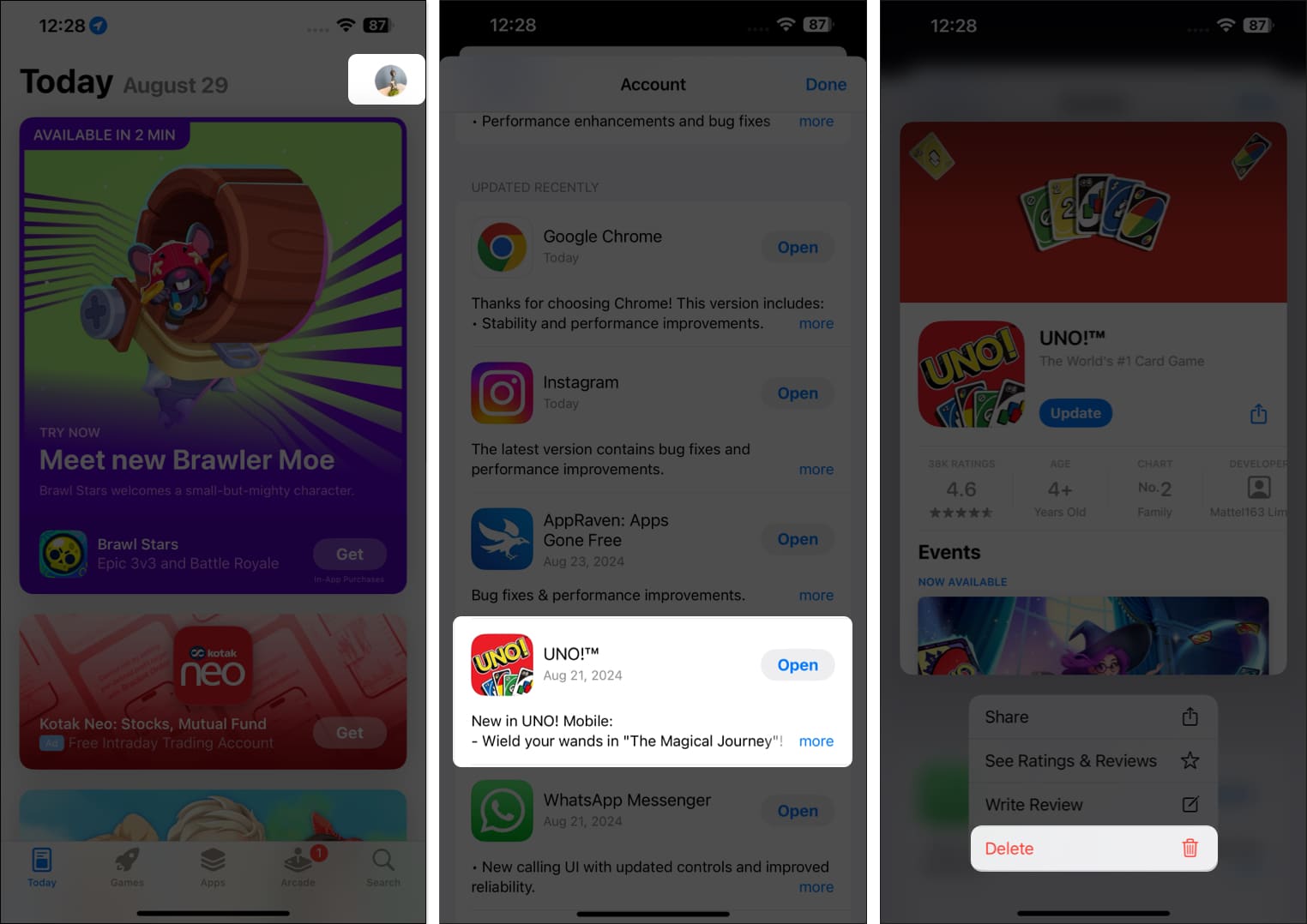 Uninstalling an app from the App Store on an iPhone.