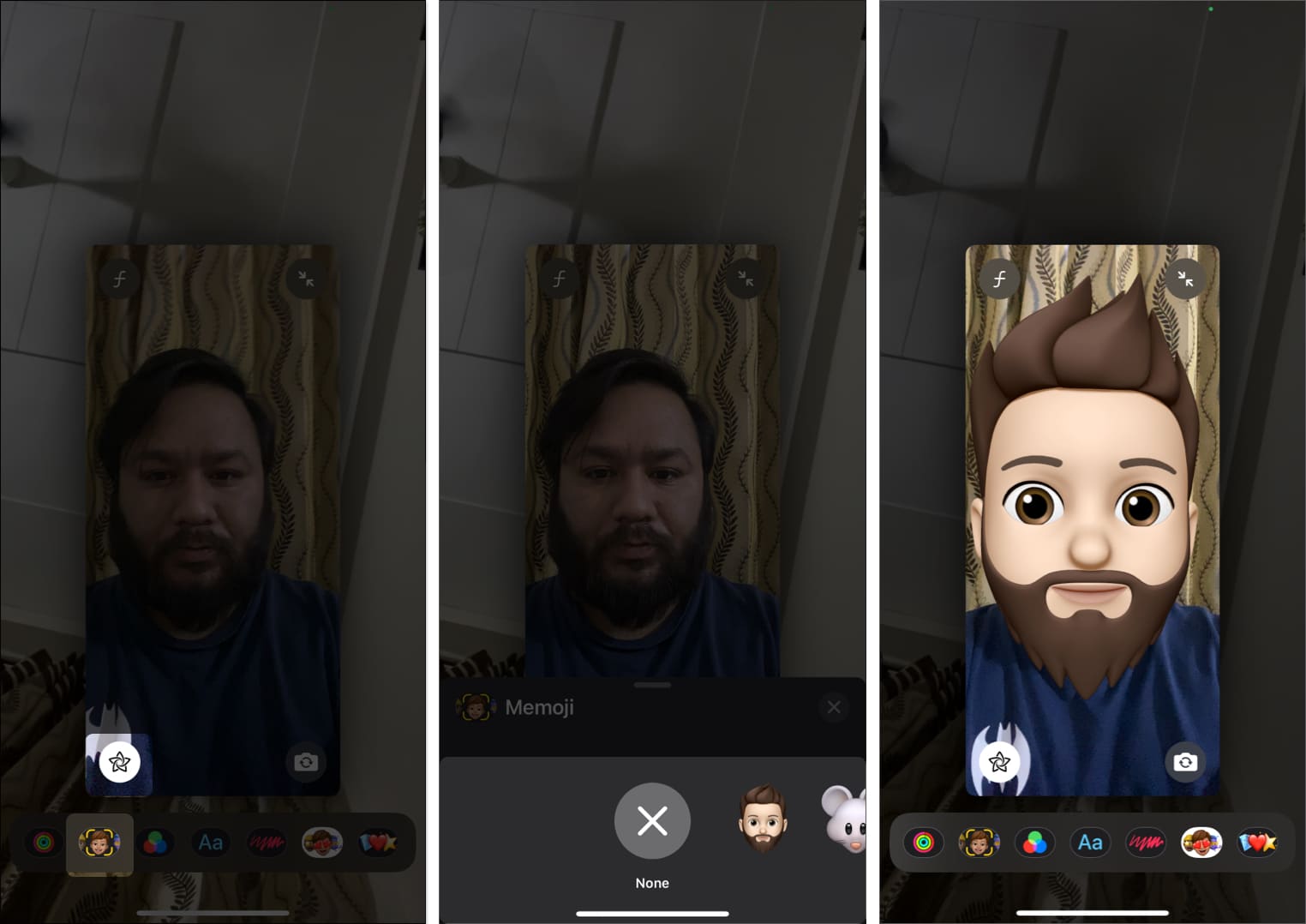 Using an animated Memoji during a FaceTime call on an iPhone.