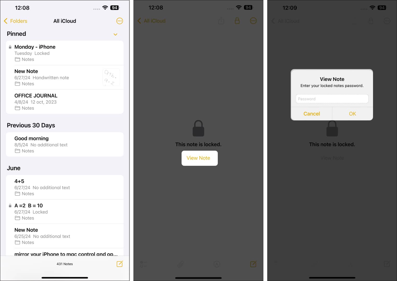 Accessing a locked note in the Apple Notes app on an iPhone.