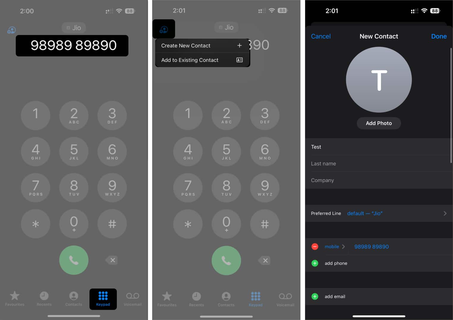 Adding a new contact from the Keypad tab on an iPhone.