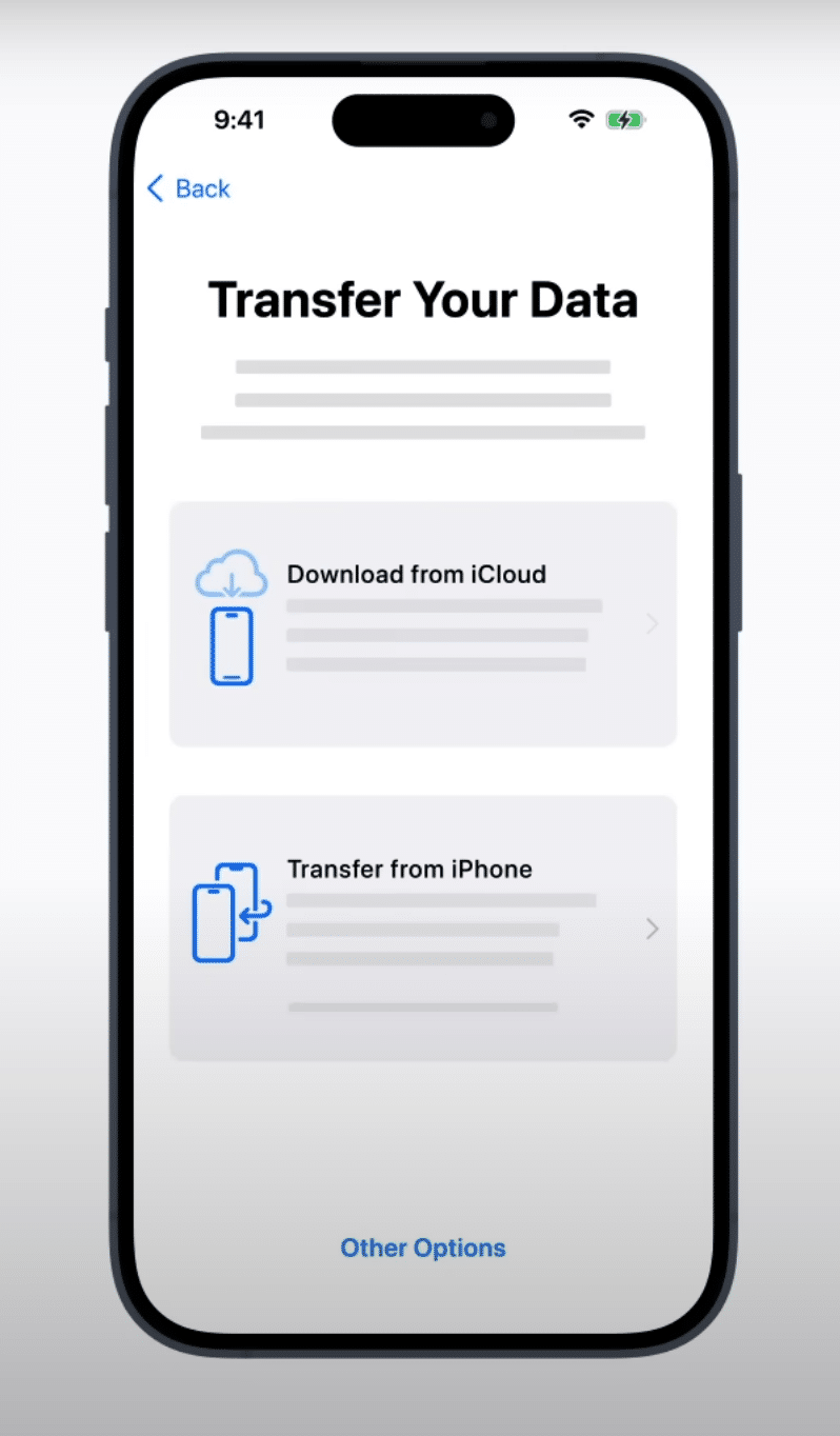Transfer Your Data screen to choose what data to transfer from the old iPhone to the new one.