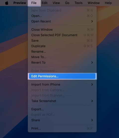 Edit Permissions option in the file menu of Preview app on a Mac.