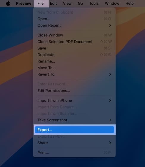 Export option in the Preview menu bar on a Mac.