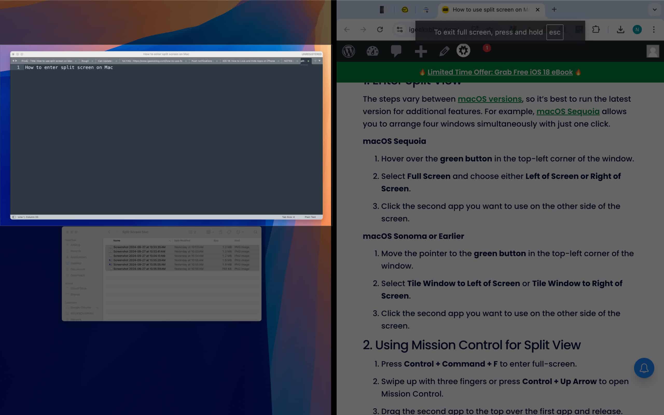 Selecting the other app to open in Split View on a Mac.