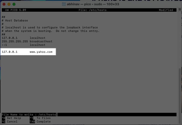 Adding the website to block in hosts file on a Mac.