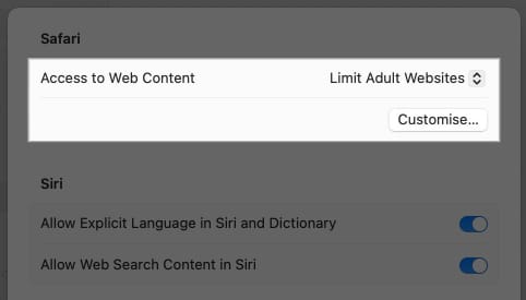 Limit Adult Websites option in Safari settings on a Mac.