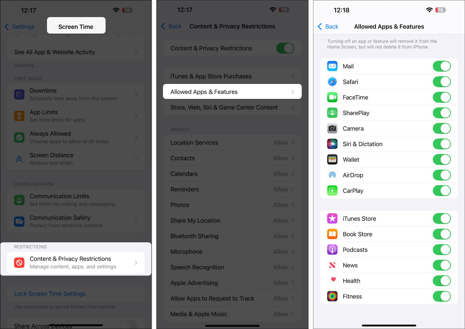 Checking Content & Privacy Restrictions settings for various apps on an iPhone.