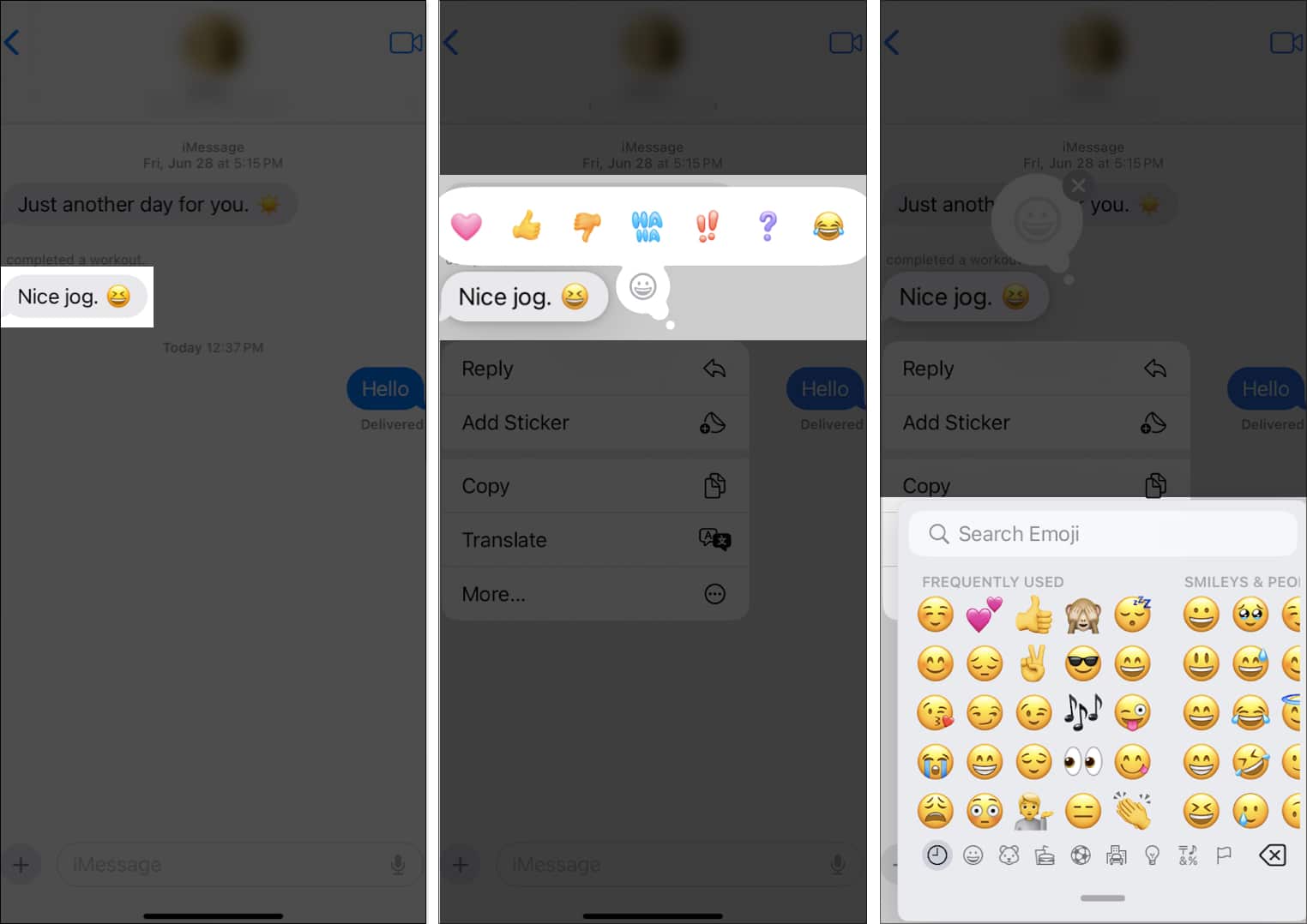 Selecting the emoji to use as a Tapback reaction for a message in the iOS Messages app.