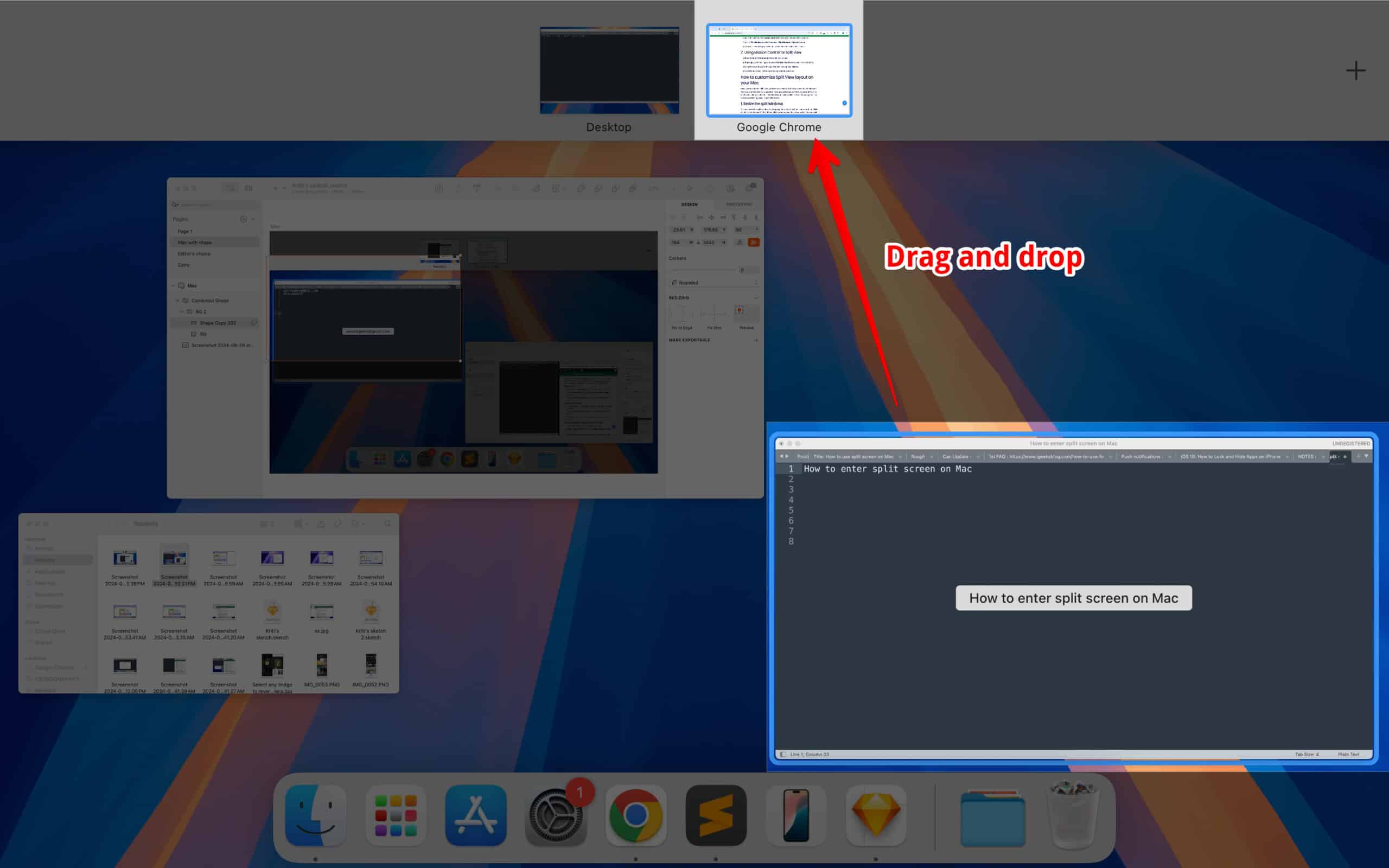Dragging and dropping second app over first app in Mission Control to open them in Split View.