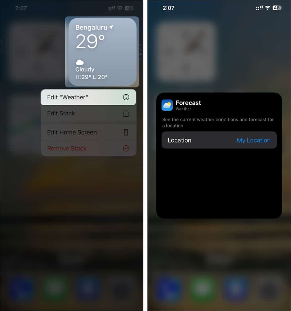 Editing a widget on the iPhone Home Screen.