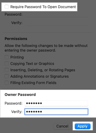 Entering owner password for a locked PDF in the Preview app on a Mac.