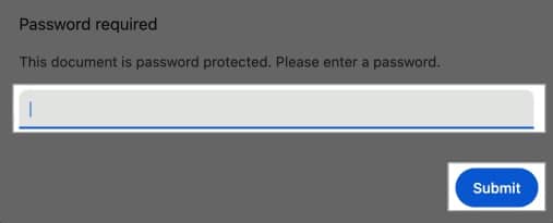 Entering PDF password to unlock it on a Mac.