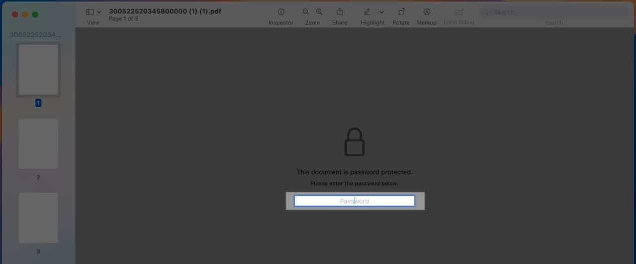 Entering password for a locked PDF document in the Preview app on a Mac.