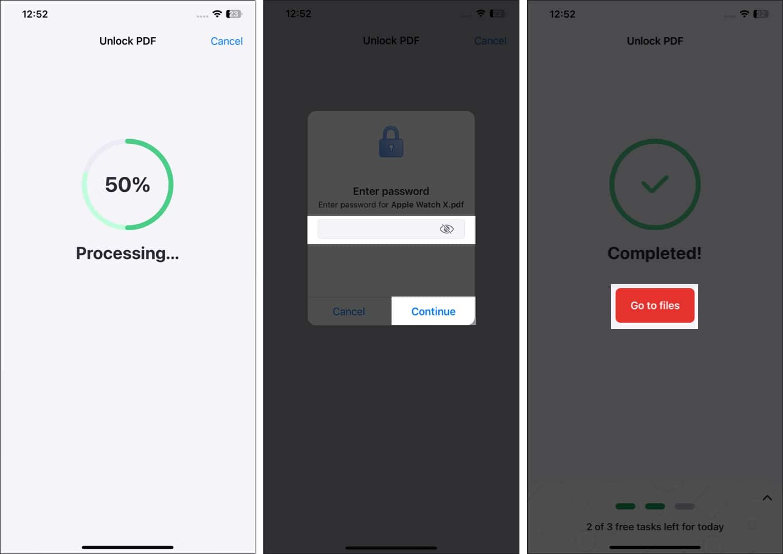iLovePDF app screen showing PDF unlocking progress.