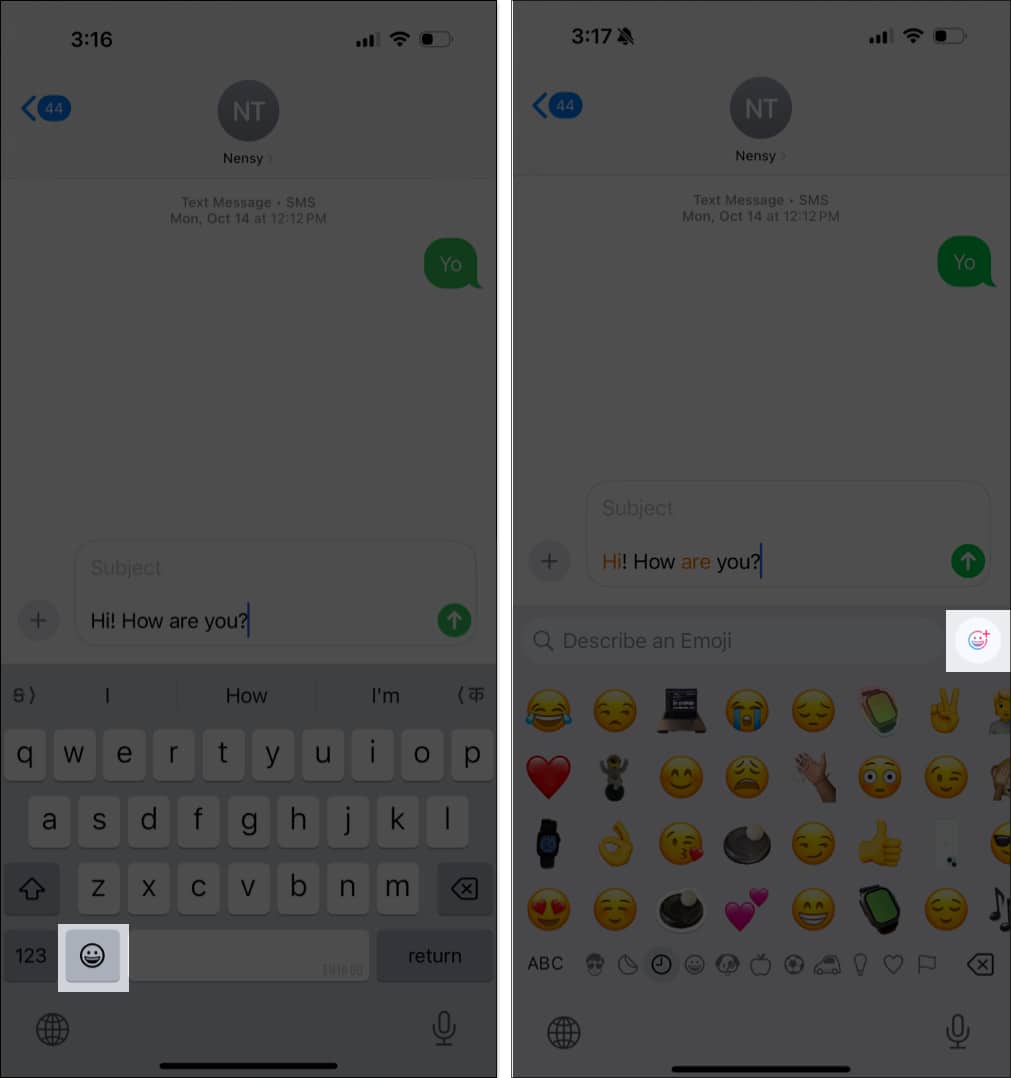Genmoji button in Messages app on iPhone.