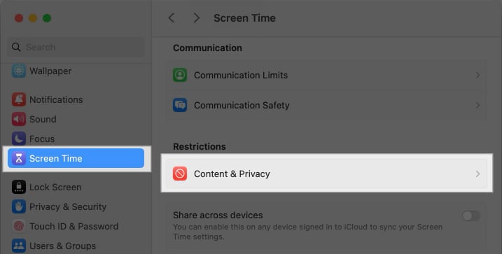 Screen Time settings on a Mac.
