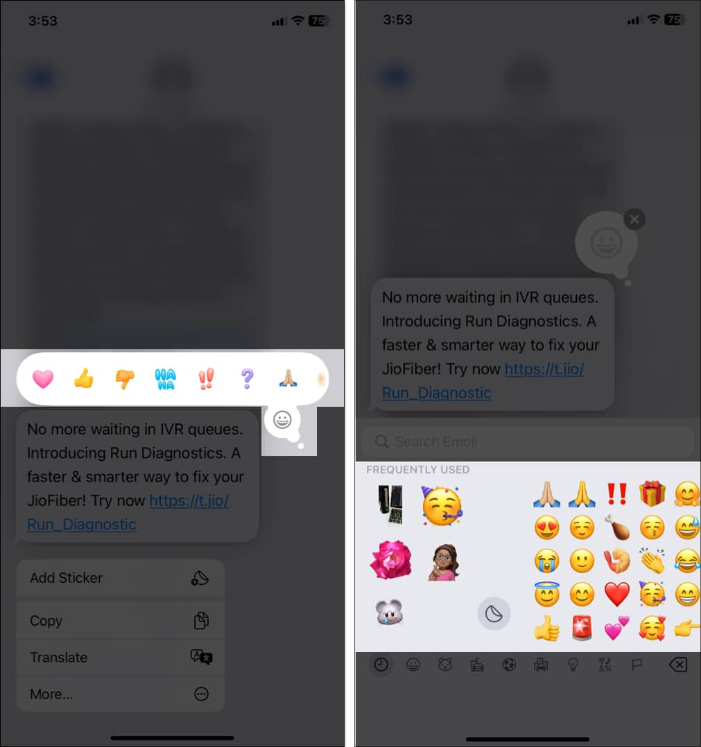 Reacting to a message in the iOS 18 Messages app using an emoji.