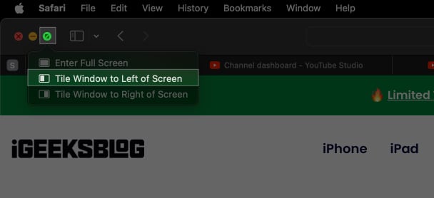 Green button options on an app window on macOS Sonoma.
