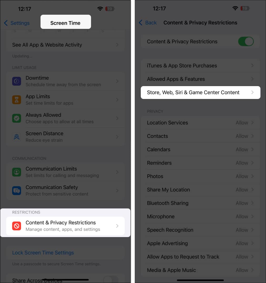 Checking Content & Privacy Restrictions for the App Store on an iPhone.