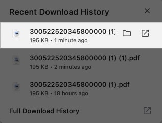 Recent Download History page in Chrome on a Mac.