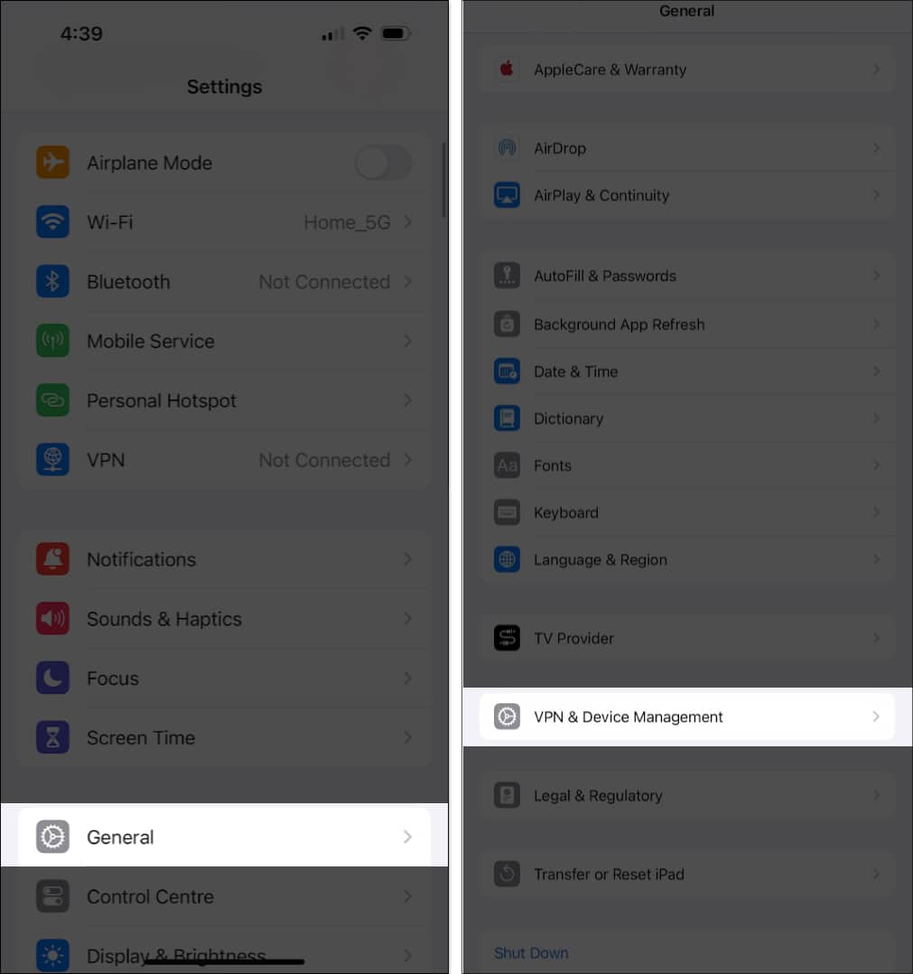 Accessing VPN & Device Management settings in the iPhone Settings app.