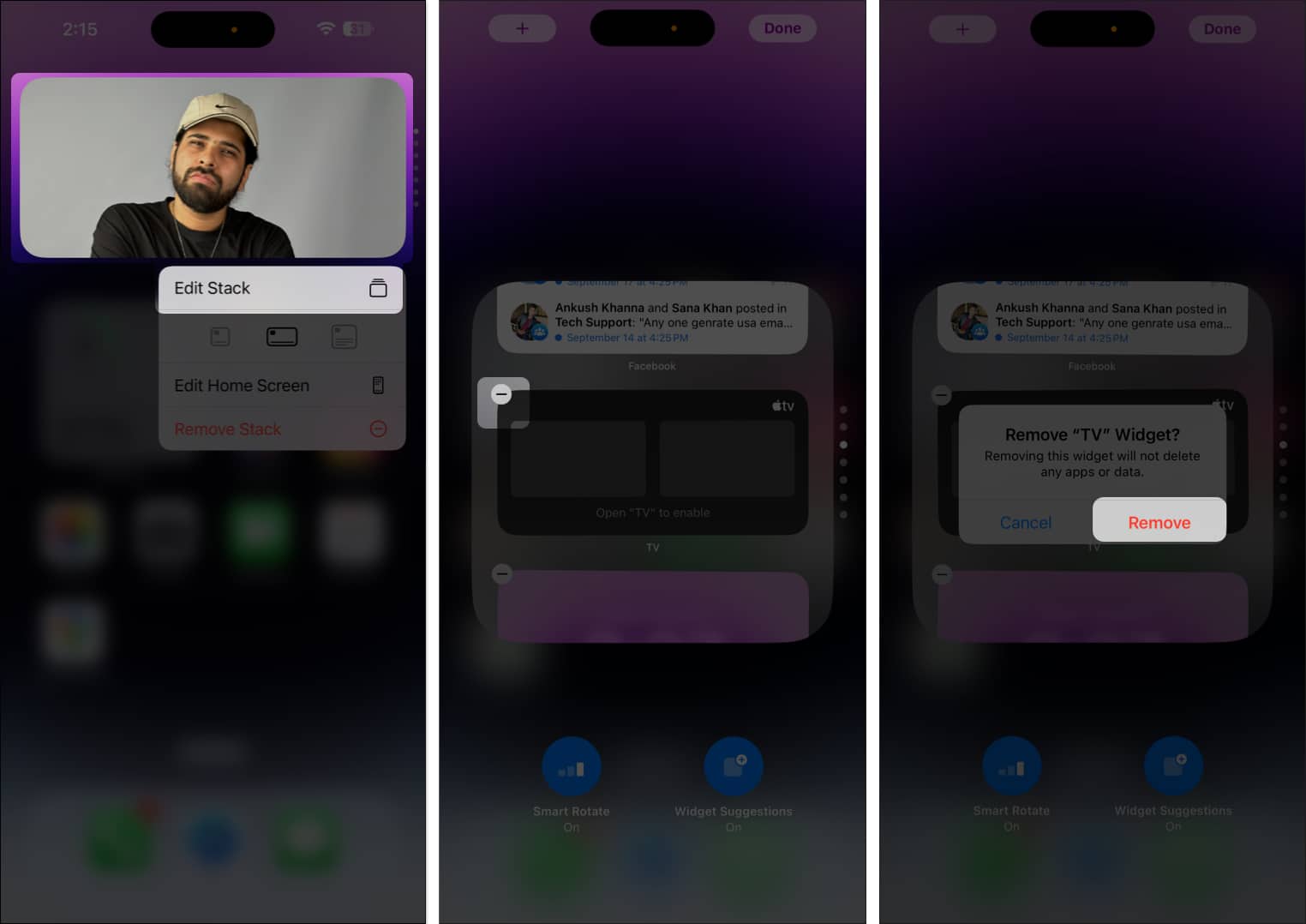 Removing a widget from the Smart Stack on the iPhone.