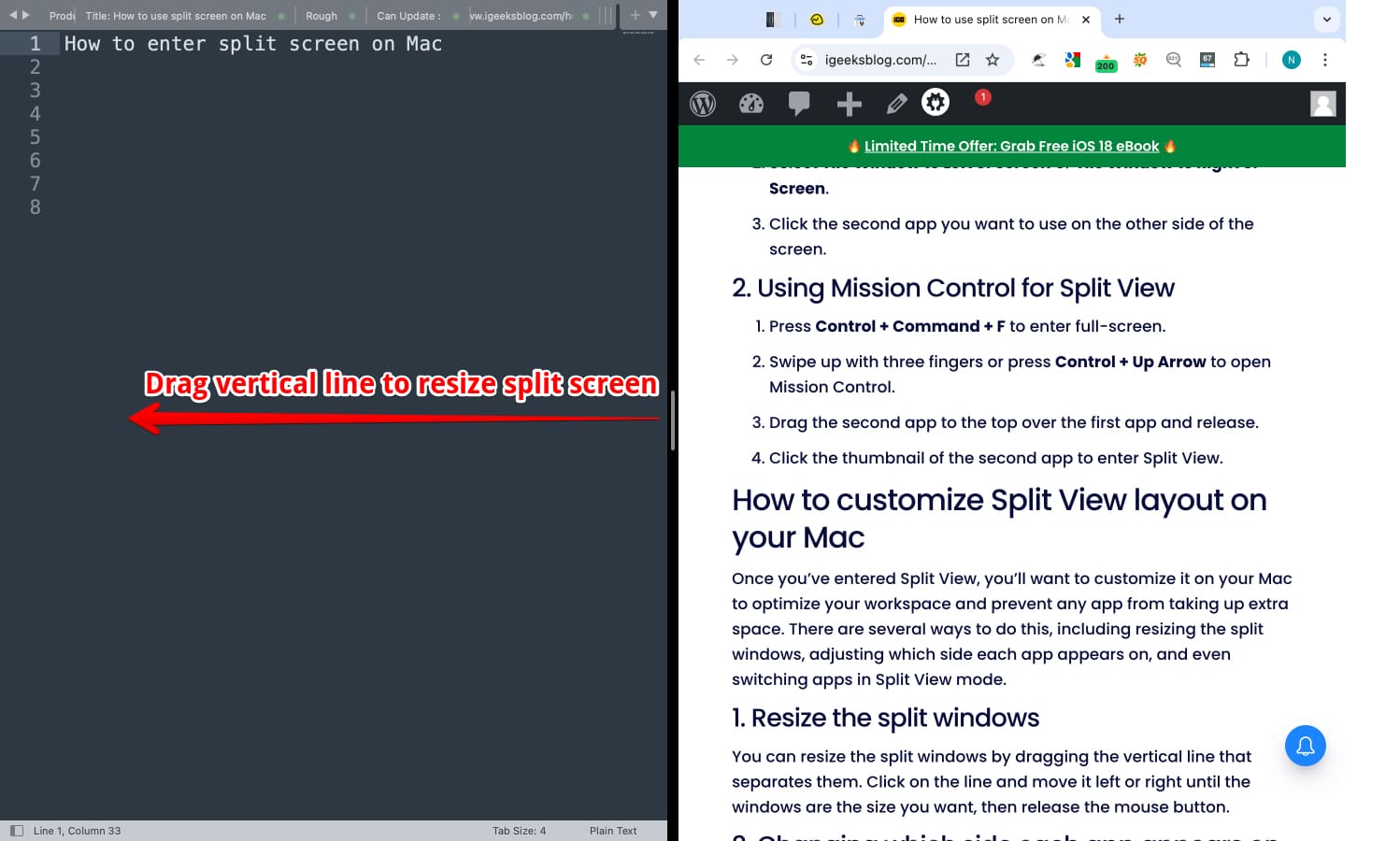 Resizing app windows in split screen mode on a Mac.