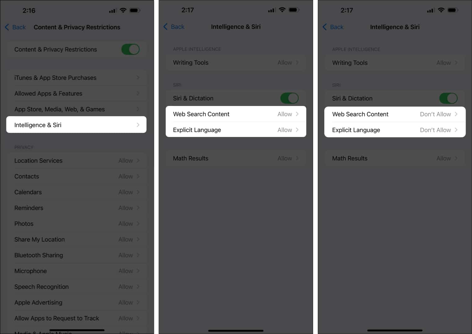 Intelligence & Siri settings on an iPhone.