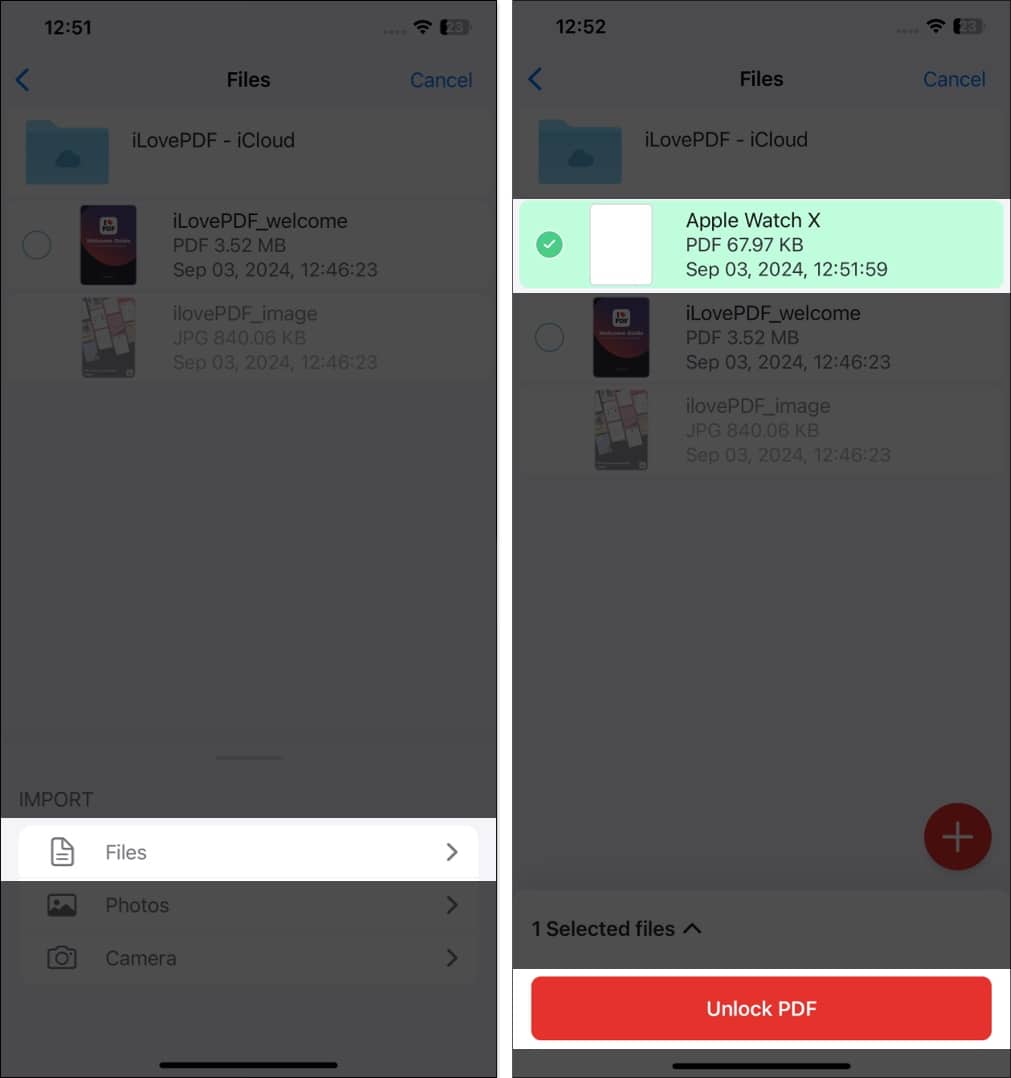 Selecting the file and unlocking it in the iLovePDF app on an iPhone.