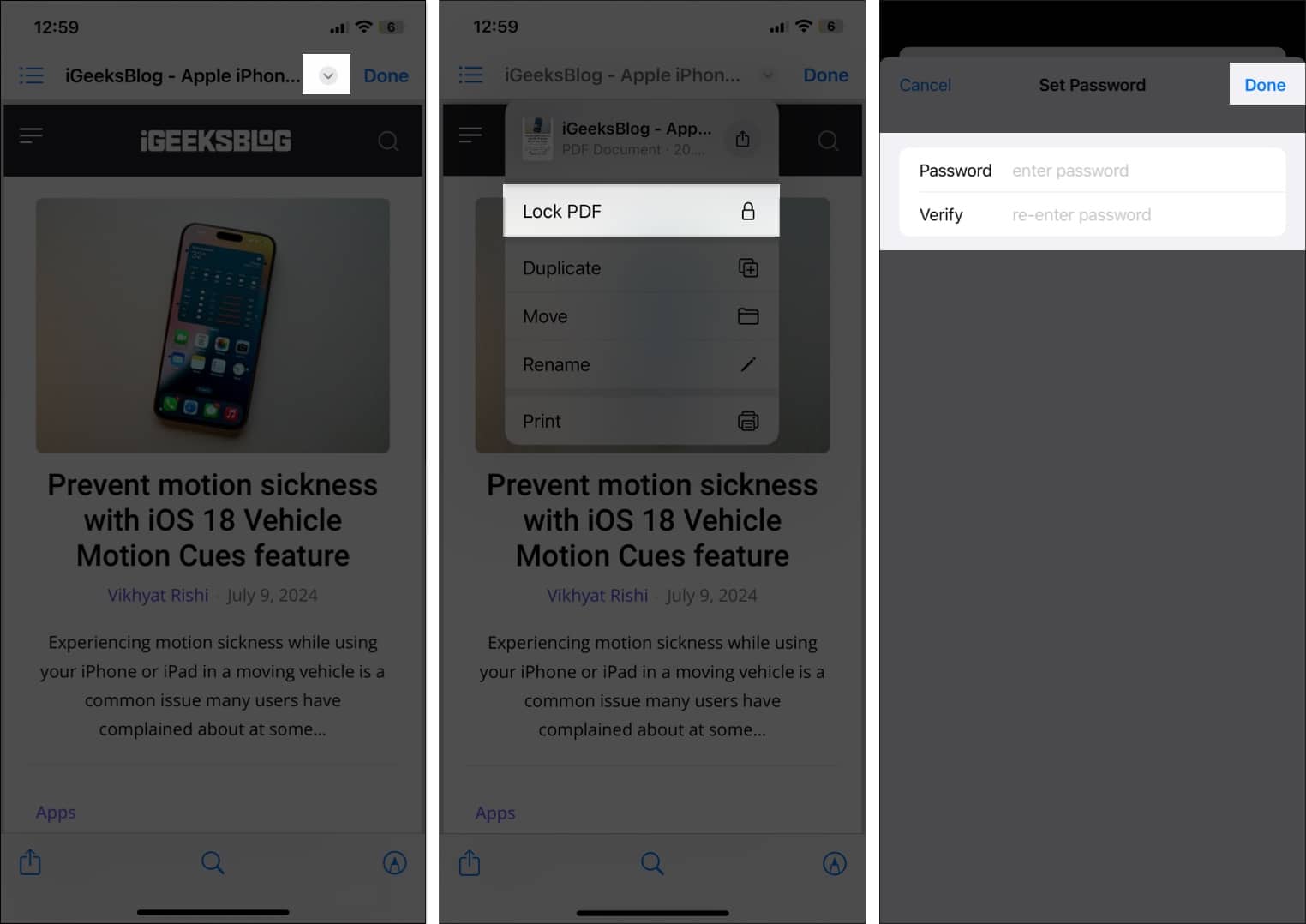 Locking a PDF document using the Lock PDF feature in the Files app on an iPhone.