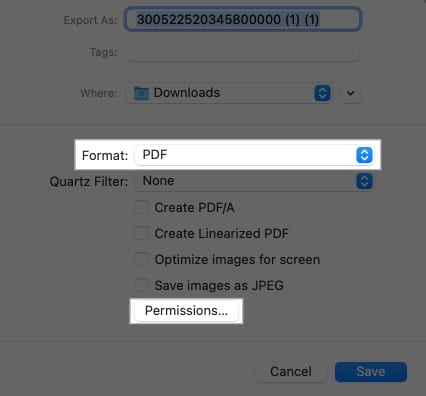 Configuring format and permissions in the Export window for Preview on a Mac.