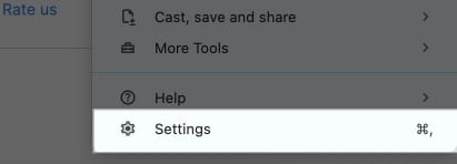Settings option in Chrome menu bar.