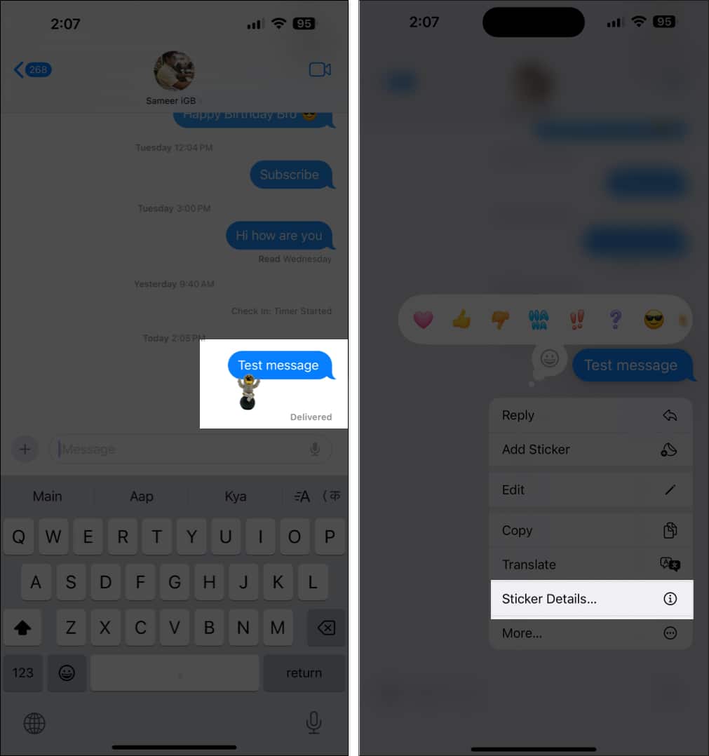 Sticker Details option for a Tapback sticker on a message.
