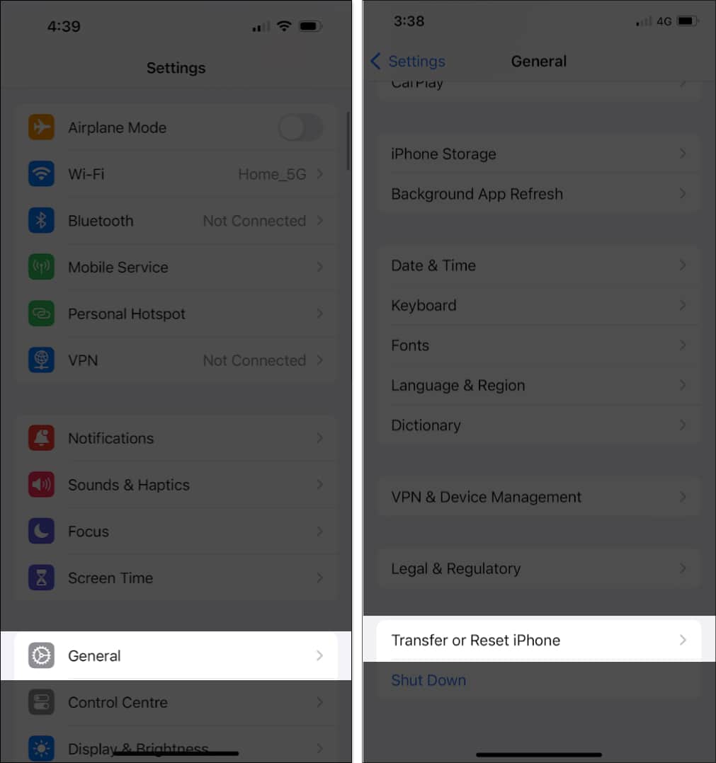 Accessing the Transfer or Reset iPhone option in iPhone Settings.
