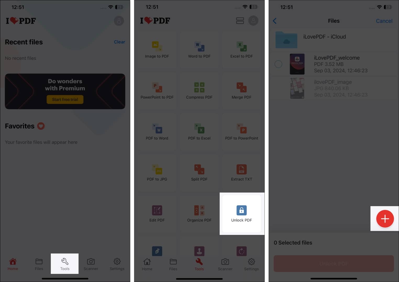Adding the password-protected PDF document to the iLovePDF app.