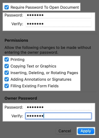 Entering passwords and configuring PDF permissions in the Preview app on a Mac.